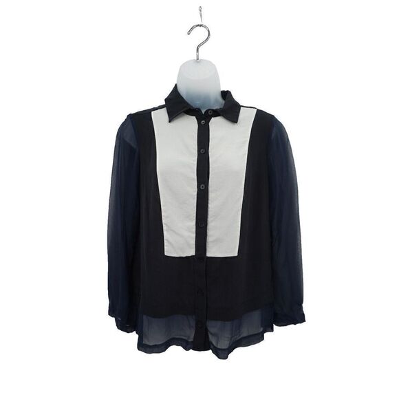 Yigal Azrouel Button Down Shirt Women's Size 4 Black White Colorblock Silk Top - Picture 1 of 11